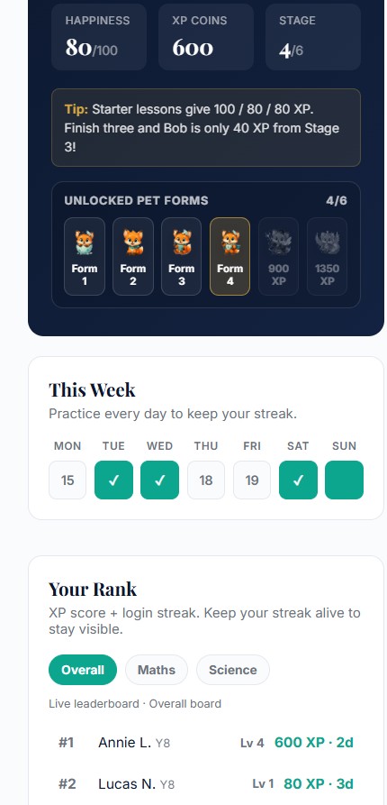 Ace Achievers streak — daily practice streak and XP