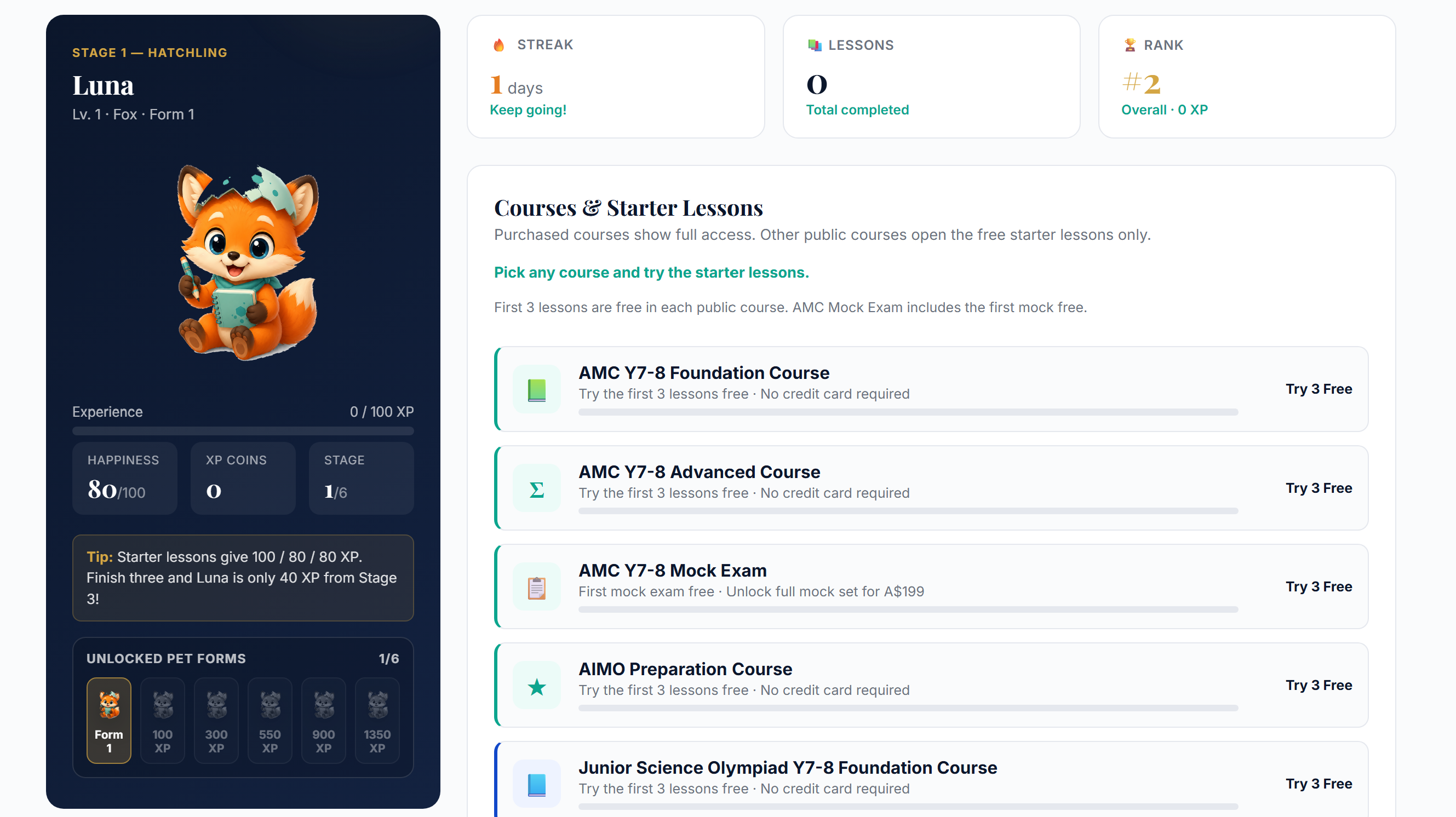 Ace Achievers student dashboard — pet companion, streak, XP and courses