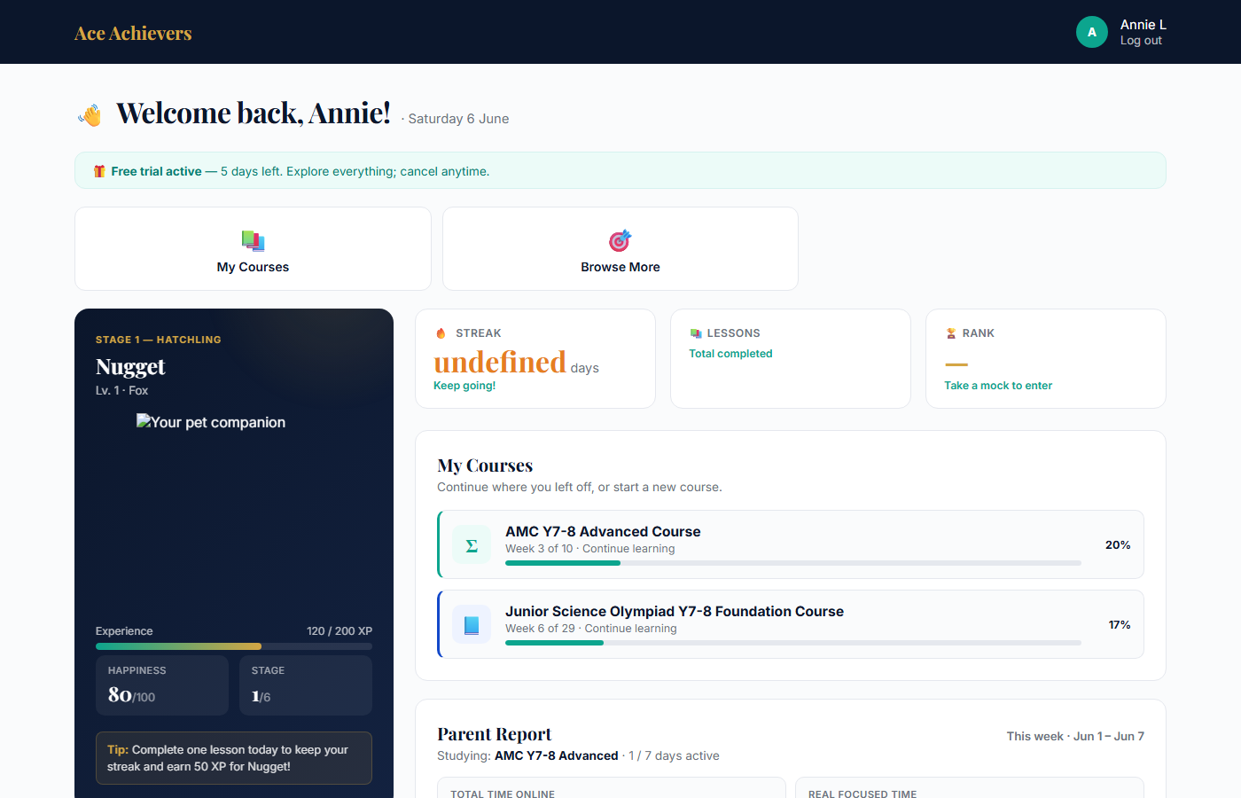 Student dashboard with My Courses, pet companion and weekly streak