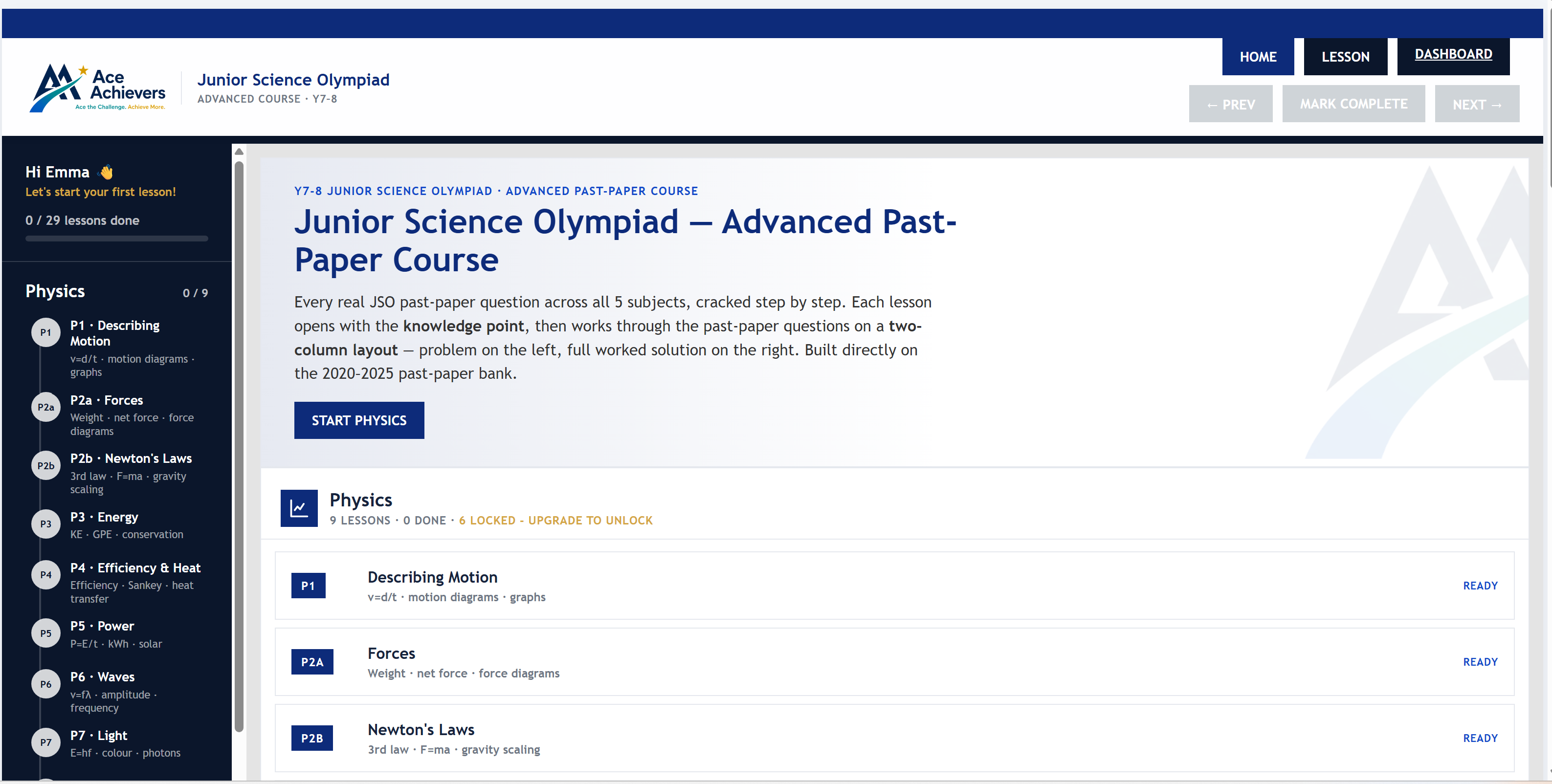 Inside a Junior Science Olympiad course — every past-paper question across all five subjects, worked lesson by lesson.
