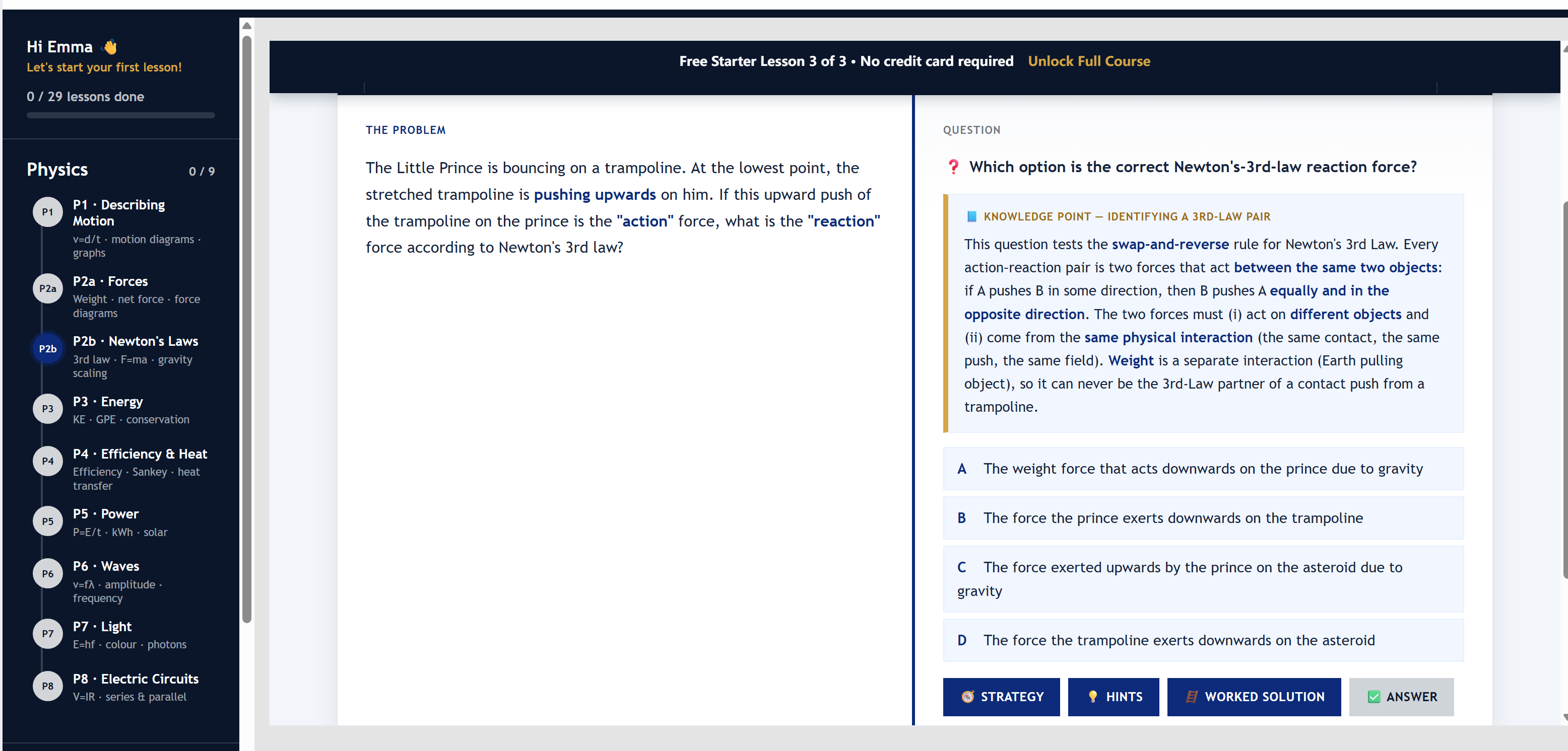 Inside a lesson — a Junior Science Olympiad question with the knowledge point and a full worked solution.