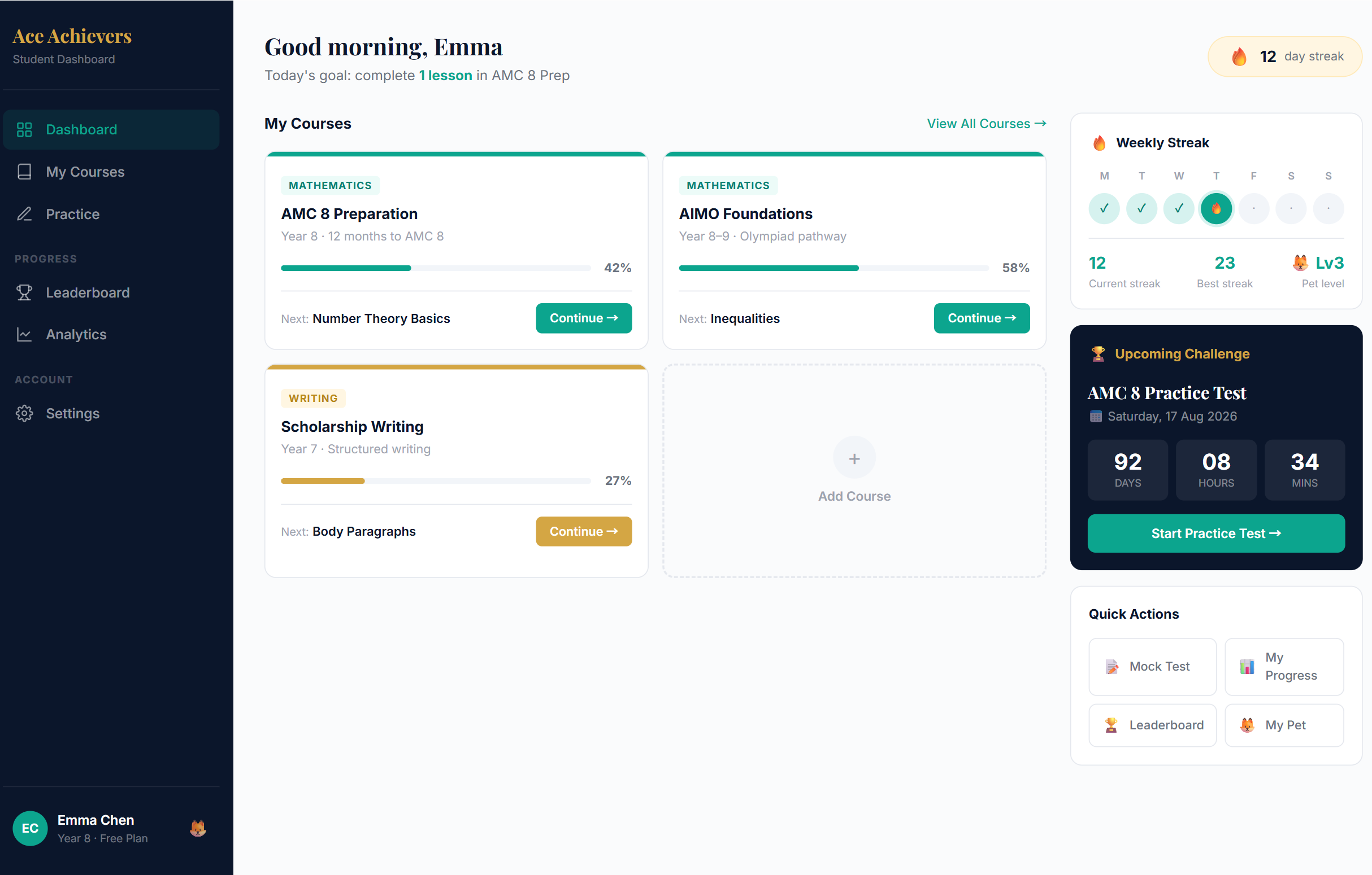 Ace Achievers student dashboard — courses, progress and challenges